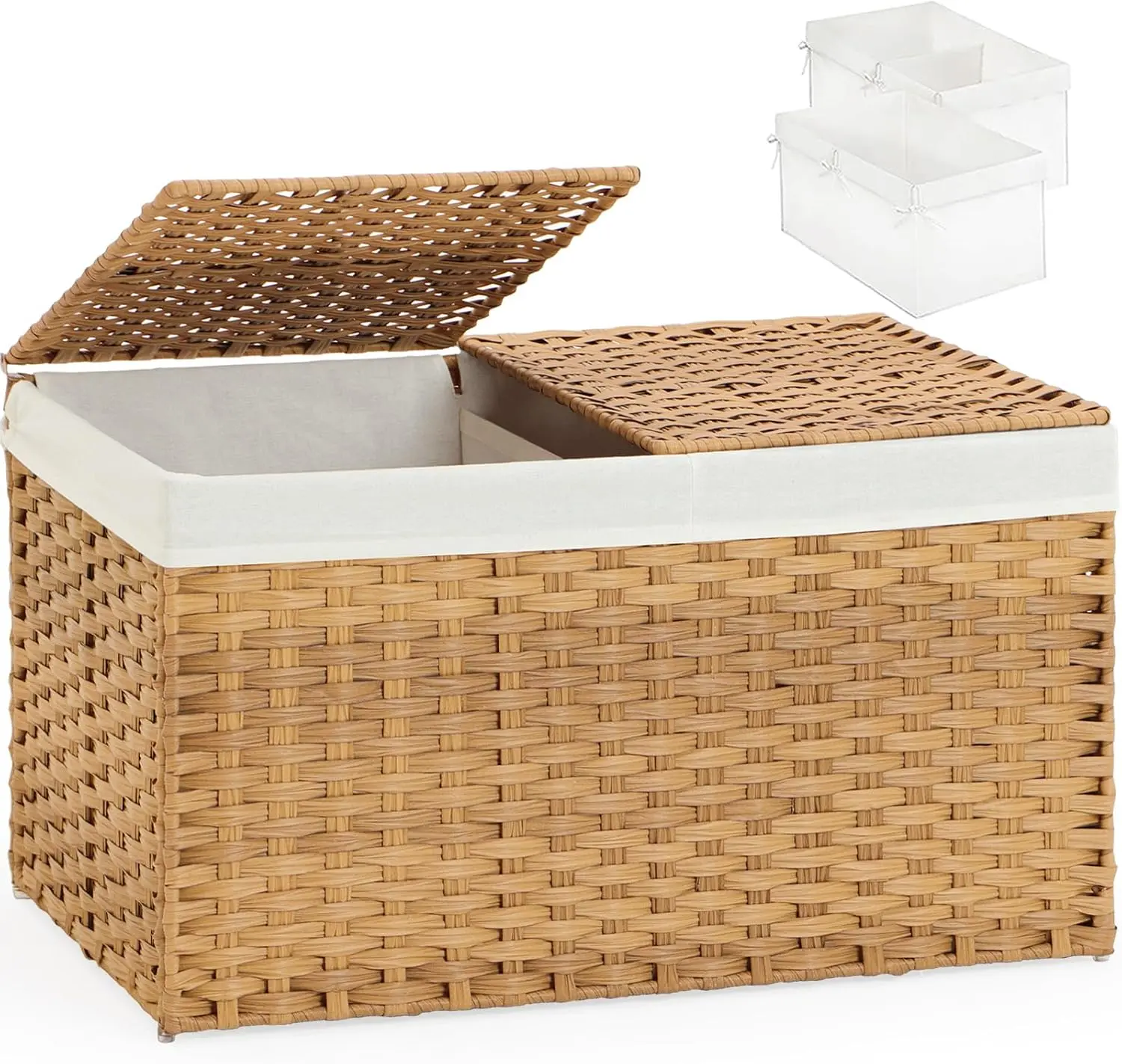 Natural Rattan Woven Storage Basket with 2 Separate Lids, 17.2 Gal (65L), 22x13x13.8 In, Foldable, 2 Removable Liner Bags & Handles, Home Organizer for Bedroom, Laundry Room