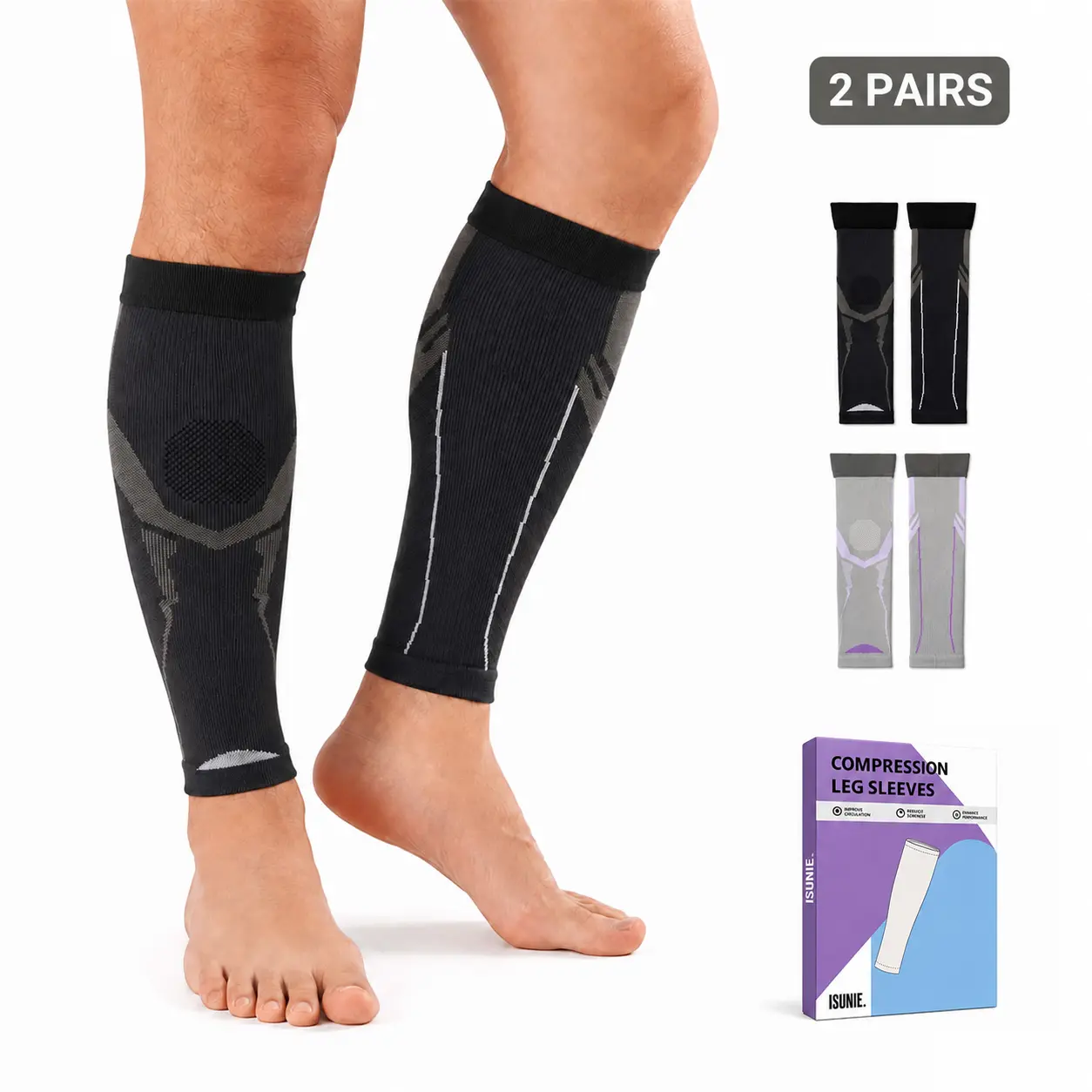 Isunie 2 Pairs Compression Calf Sleeves for Women & Men, 15–20 mmHg Below-Knee Leg Sleeves with Flexible Calf Fit, Breathable Knit & Stay-Up Comfort for Running, Cycling, Travel, Summer Deal