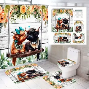 1/4pcs Highland Cow Farmhouse Bathroom Decor Set, Bathroom Decoration Accessories, Bathroom Accessory - Shower Curtain with Wooden Swing, Floral Bath Mat, U-Shaped Toilet Mat, Lid Cover for Cozy Rustic Vibe - Spring Refresh!