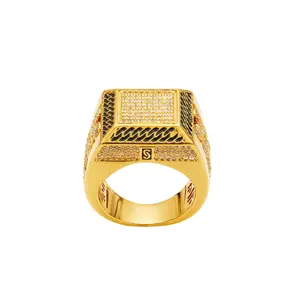 14K Gold Plated Cuban Link Ring Iced Out Gold Statement Ring CZ Simulated Diamond Stackable Ring Unique Hip Hop Square Eternity Bands for Women and Men