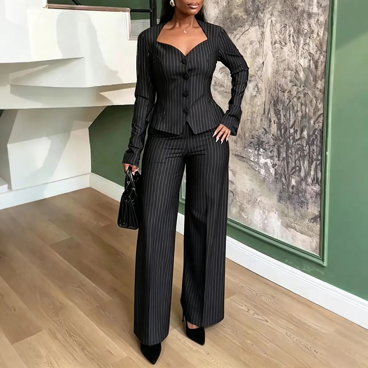 CHICME Women's 2 Piece Stripe Suit Elegant Sweetheart Neck Peplum Blazer and High Waisted Wide Leg Pants Business Outfits CHICME Women's 2 Piece Stripe Suit Elegant Sweetheart Neck Peplum Blazer and High Waisted Wide Leg Pants Business Outfits