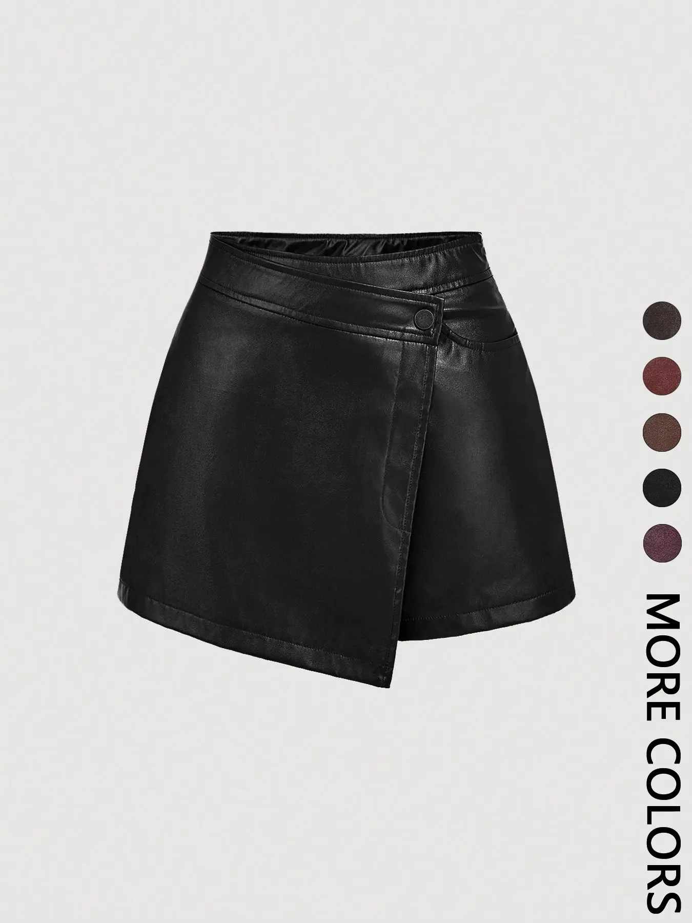 Women's Vintage Basic Solid Color Asymmetrical Hem PU Leather Womenswear Casual Fashion Skort, Chic Minimalist Aesthetic High Waist Zipper Skort with Pocket, College Style 70s Retro Vibe Bottoms, Perfect for Date Nights, School and Office Skirts