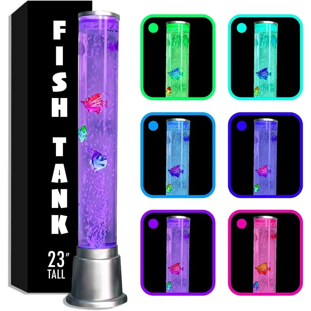 Electric  Fish Tank Aquarium Lamp with 6 LED Color Change Night Lights Sensory Bubble Tube Lamp Fish Bubble Lamp Sensory Fish Lamp with Moving Fish Bubble Tower Sensory Lights Gifts 1.9FT