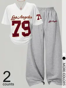 Two-Piece Set Women's Number Print / Letter Print Regular Fit V Neck Short Sleeve T-shirt & Long Pants, Preppy Basic Suit for Fall & Winter, Women's Autumn Outfits for Daily Wear