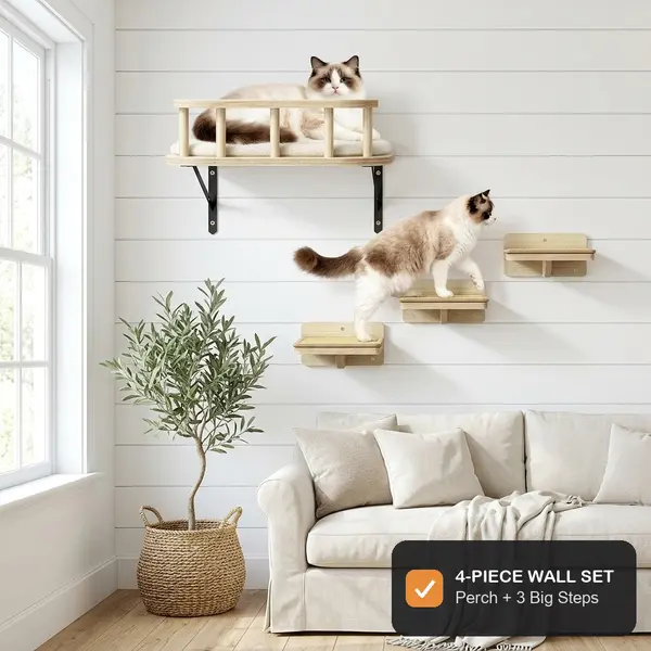 Cat Wall Shelves for Indoor Cats, 4-Piece Wooden Cat Climbing Shelf Set with Cushioned Perch Bed, Sisal-Covered Steps & Heavy-Duty Steel Brackets, 17" x 13" Wall-Mounted Cat Furniture for Large Cats & Kittens