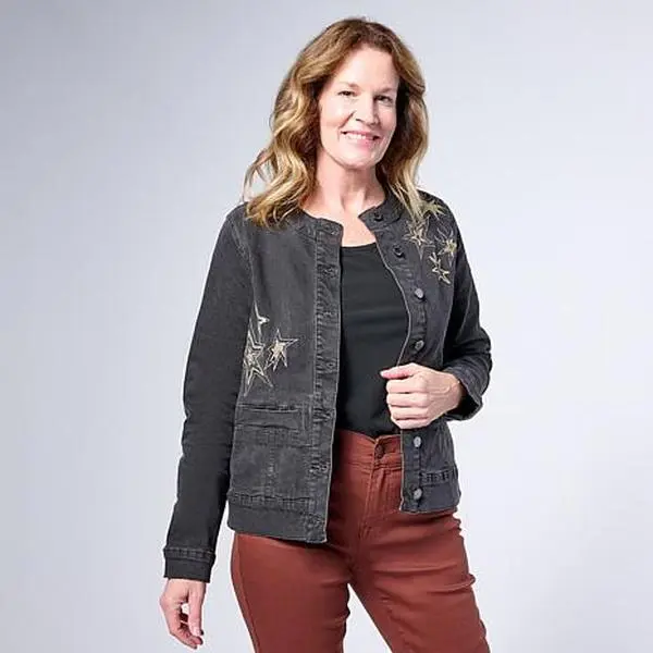 DG2 by Diane Gilman New Classic Stretch Denim Embroidered Jacket DG2 by Diane Gilman New Classic Stretch Denim Embroidered Jacket
