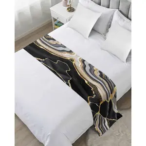 Abstract Marble Bed Runner Scarf, Luxury Bed Throw for Twin Full Queen King Size Bed, Bedroom Hotel Wedding Room Decoration, Contemporary Black Grey Gold 94"x20"