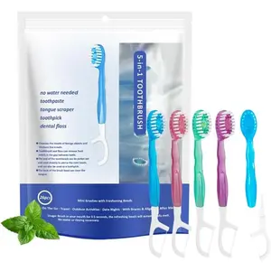 26-Pack Mini Disposable 5-in-1 Travel Toothbrushes with Toothpaste, Tongue Scraper, Dental Picks, Floss, and Portable Individually Wrapped Travel Cases (4 Mixed Flavors)