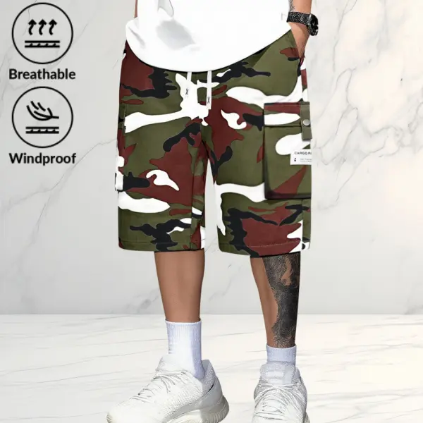 Men’s Retro Vintage Knitting Camouflage Cargo Shorts, Summer New Knee-Length, High-Capacity, Loose-Fit Plus Size, Color-Block Casual Shorts for Everyday Wear & Outings