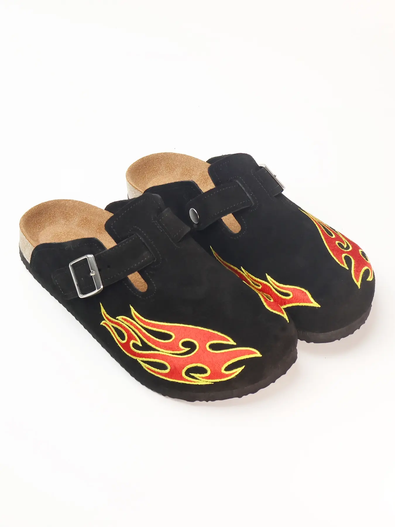 Men's Flame Embroidered Slip-On Baotou,  Wooden Clogs Mules, Stylish Punk Clogs, Clog Shoes, Comfortable Casual Footwear for Men, Perfect for Daily Wear, Cowhide Mules