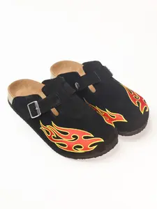 Men's Flame Embroidered Slip-On Baotou,  Wooden Clogs Mules, Stylish Punk Clogs, Comfortable Casual Footwear for Men, Perfect for Daily Wear