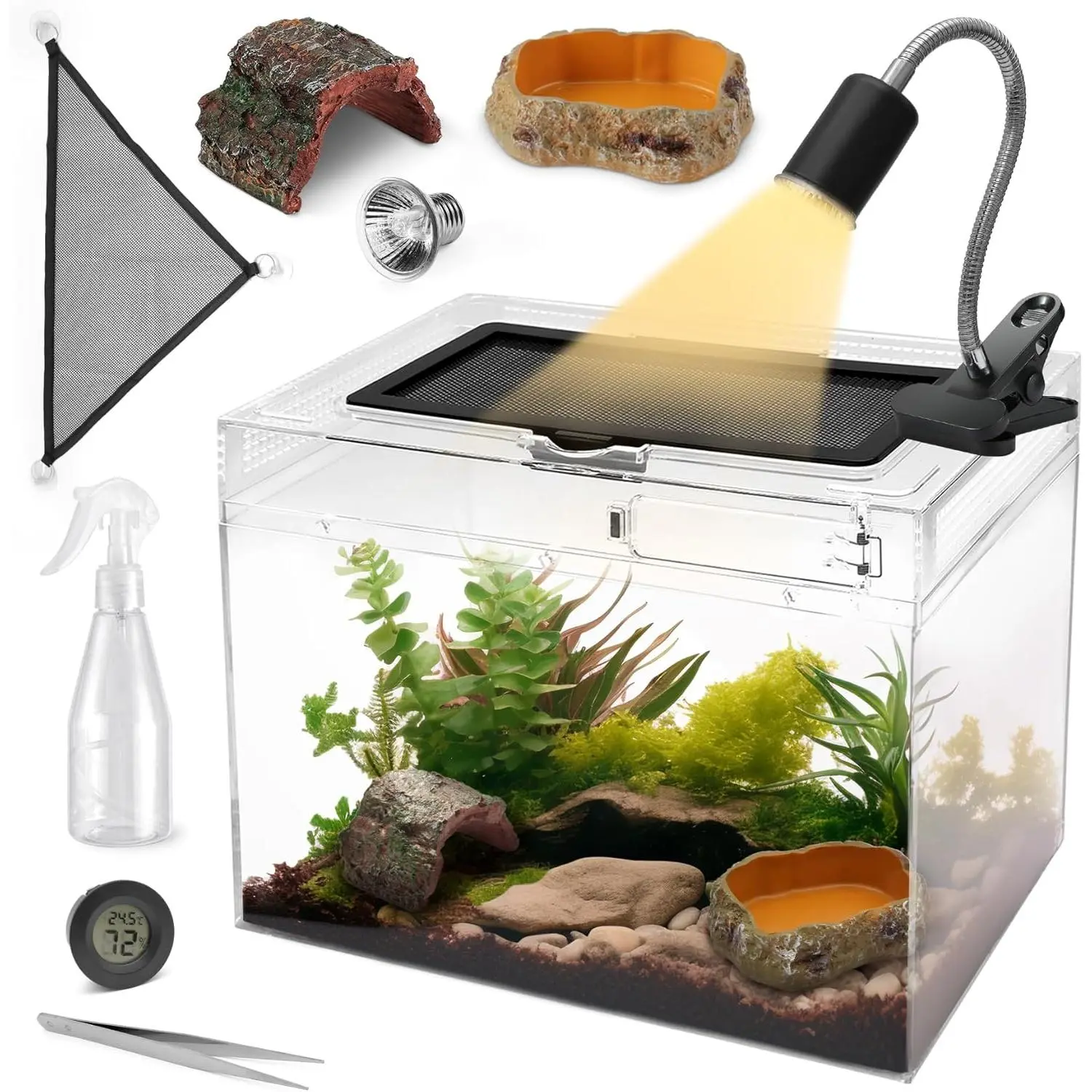 Reptile Terrarium Enclosure,19.5" x 9.4"x 10.5" Reptile Tank with Bearded Dragon Lizard Hammock,UVA & UVB Heat Lamp, Cave for Corn Snake,Turtle,Frog,Leopard Geckos,Chameleons,Spider,Cricket
