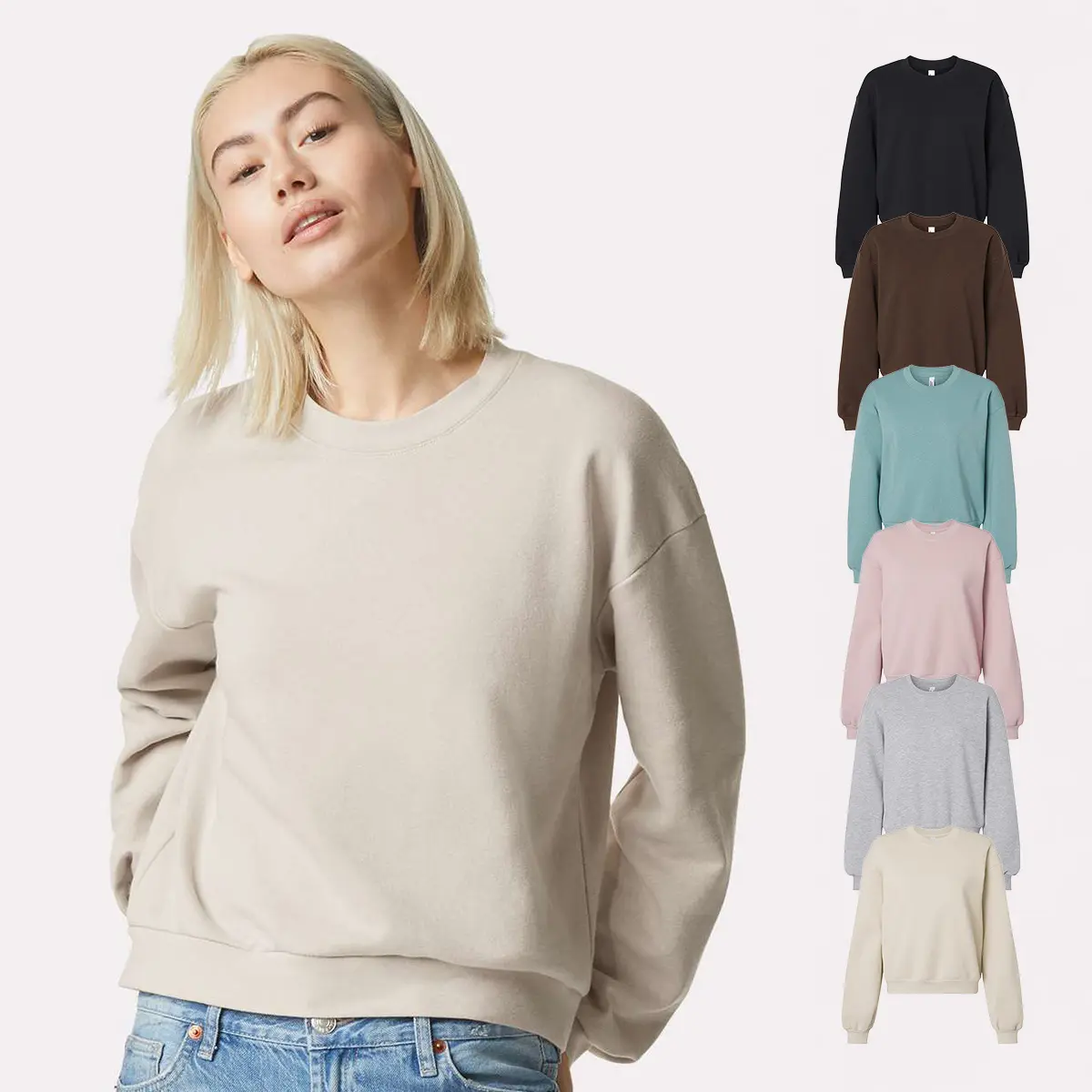American Apparel Women's ReFlex Crewneck Sweatshirts - Multi Pack Cotton / Polyester Fleece Pullover Sweatshirt - Boxy Fit Balloon Sleeve Cropped Tops, 6 Assorted Color Sweater
