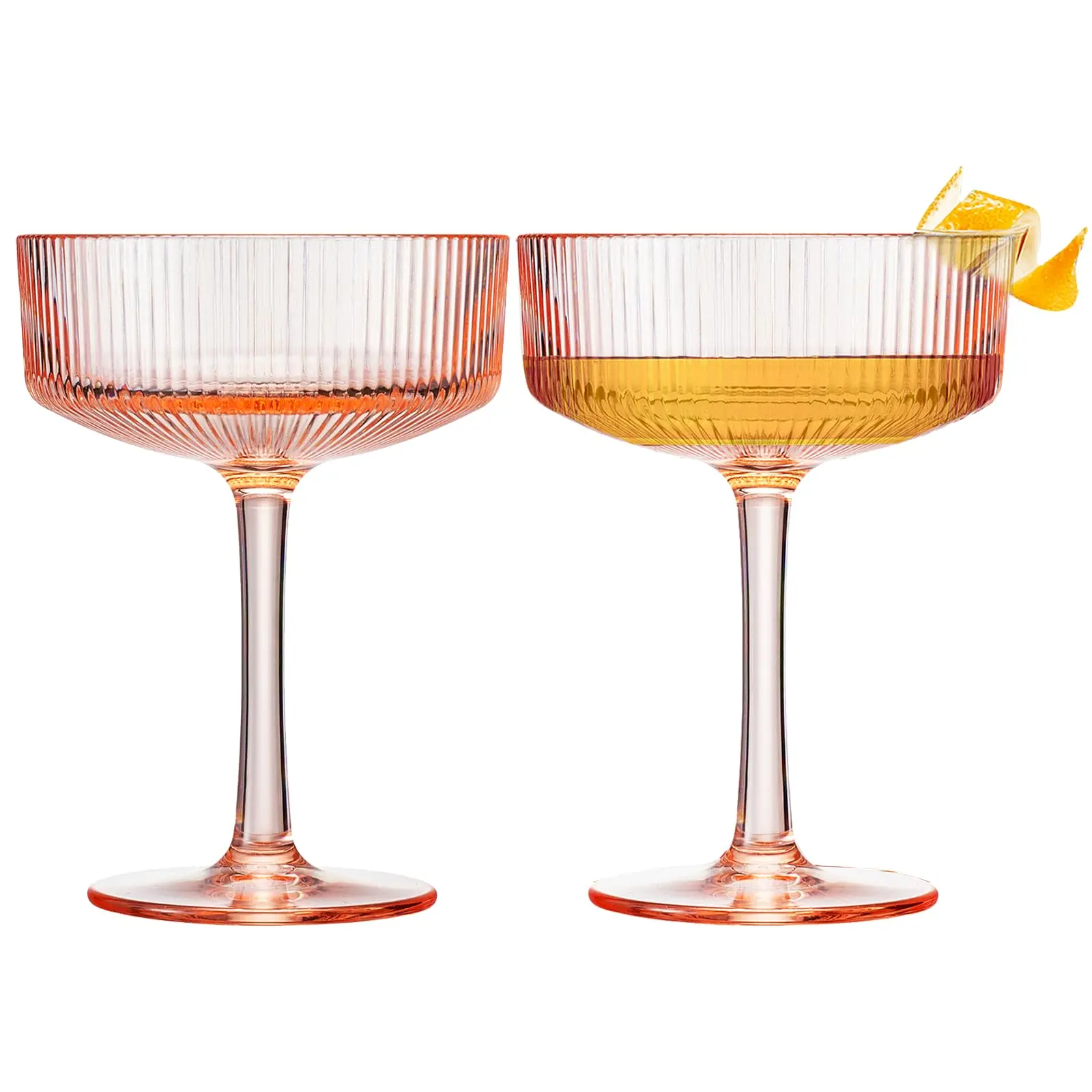 Khen Shatterproof Acrylic Ribbed Vintage Art Deco Martini, Champagne & Cocktail Coral Peach Pink Plastic Coupe Glasses | Set of 2 | 8 oz Ripple Glassware Indoor & Outdoor Gift