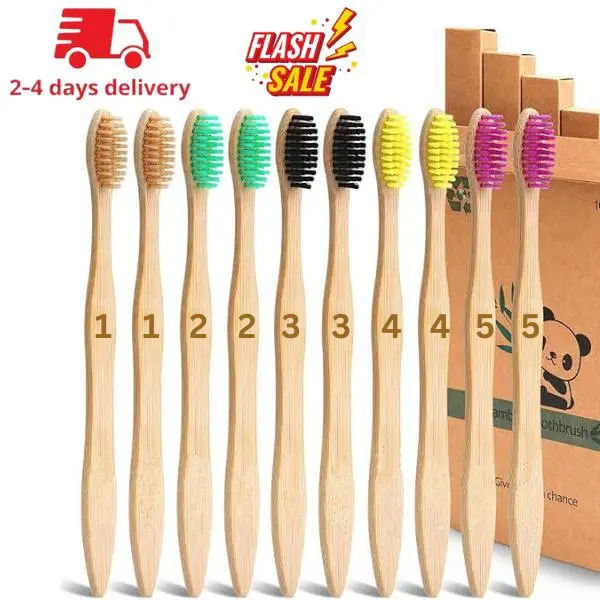 10 Pack Colorful  Bamboo Toothbrushes  - BPA Free Soft Bristles Toothbrushes, Eco-Friendly, Compostable Natural Wooden Toothbrush