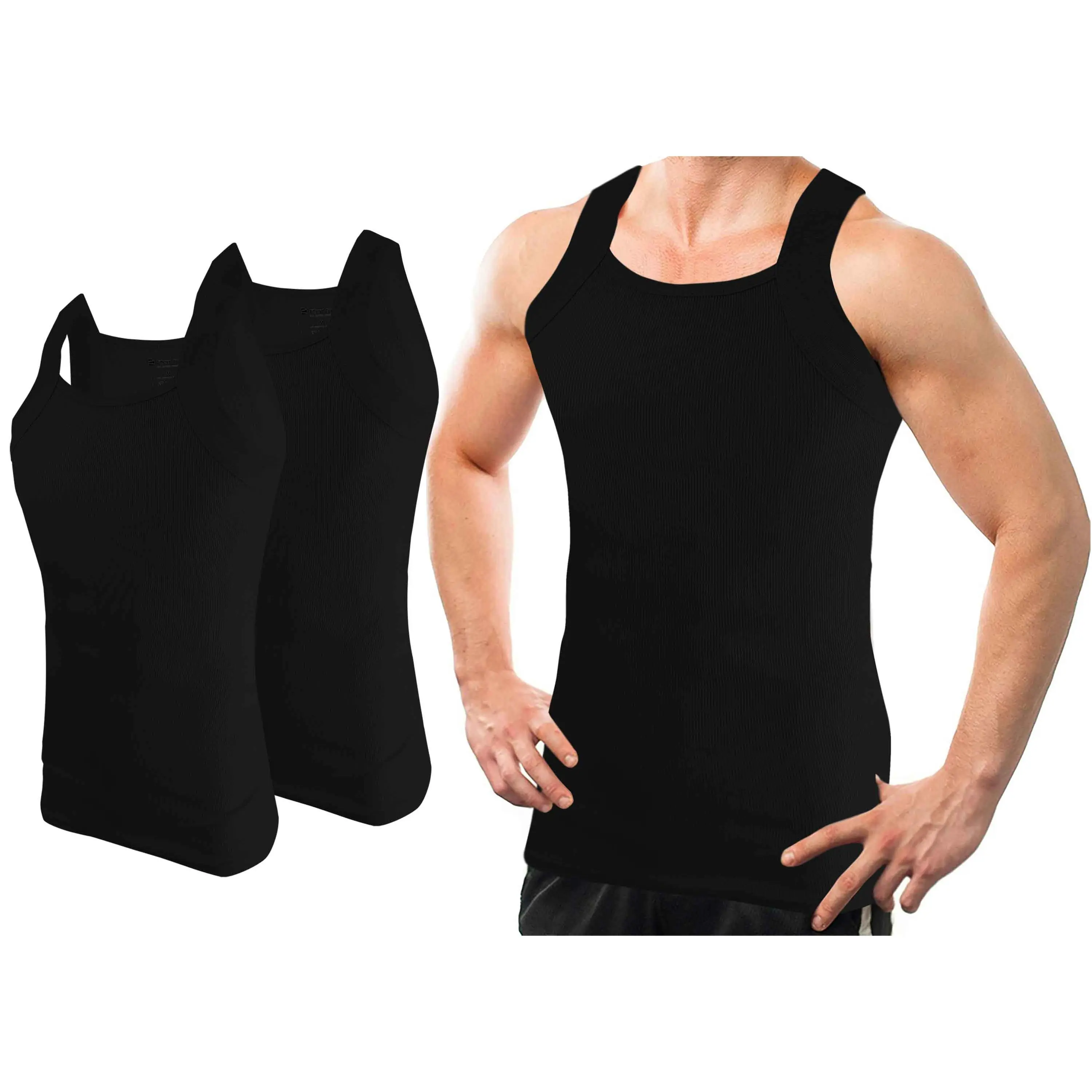 Men's 2-Pack Square Cut G-Unit Tank Tops, Muscle Rib A-Shirts, Denim Strap Spandex Fabric Menswear Vests, Outdoor