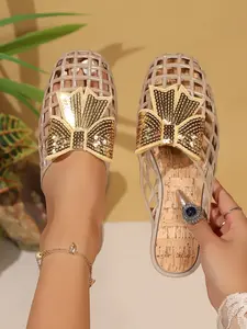 Women's Summer New Glitter Jelly Comfort Slip-On Flat Sandals, Transparent Hollow Butterfly Knot Decor, Outdoor Beach Camping Daily Wear