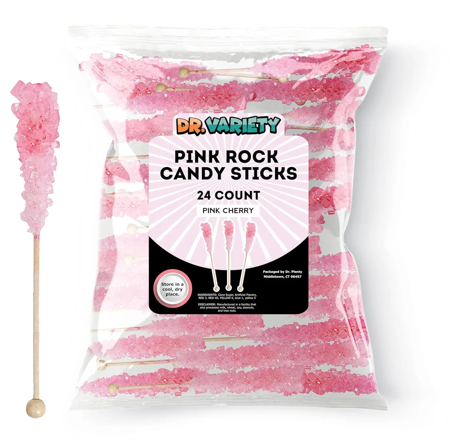 Pink Rock Candy Sticks – Cherry Sugar Flavor Dragon Breath Candy, 24 Pack Bulk Individually Wrapped Edible Crystal Sticks for Party Favors, Weddings, Bridal & Baby Showers – By Dr. Variety
