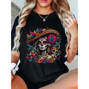 100% Cotton Unisex De Los Muertos La Catrina Day of The Dead Sugar Skull Women T-Shirt Shortsleeve Tshirt