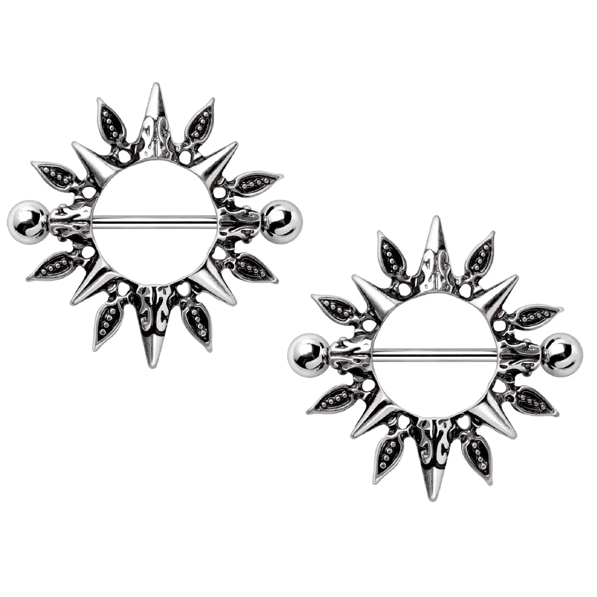 Tribal Sun Nipple Shield Barbells - Stainless Steel - Pair