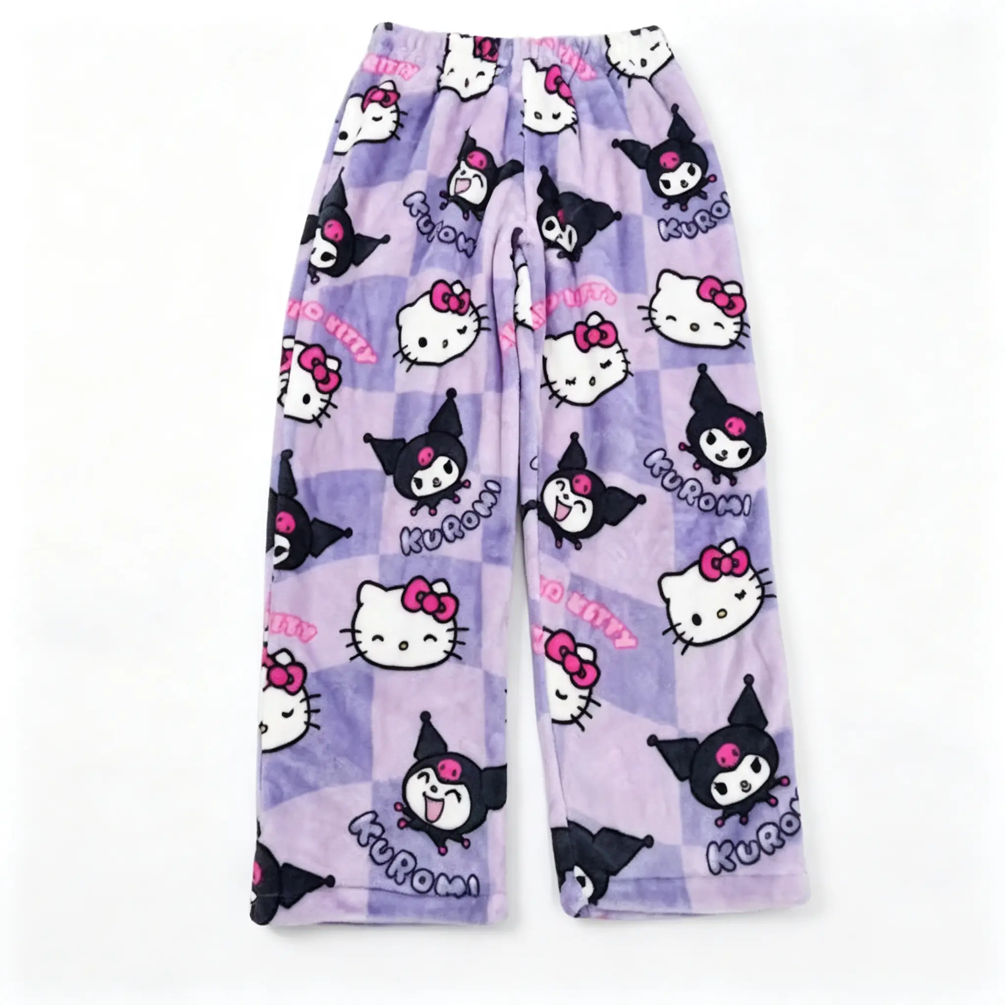 Sanrio Kuromi Hello Kitty Purple Flannel Pajama Pants, Soft Warm Loose Sleep Bottoms Loungewear Gift for Girls Teens Women