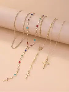 Vintage Cross Pendant Necklace Set - 4-Piece Layered Y-Style Chains with Colorful Crystals for Bohemian Fashion Enthusiasts #LayeredNecklace