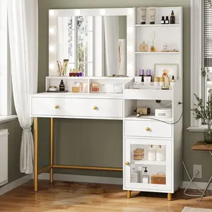 VIAGDO Lighted Wood-Metal Vanity Table Set - LED Vanity Dresser with Mirror, Charging Station, Unique Separation Design, Ideal for Room Decor, Household Items Decor, Mother's Day Gifts, Summer Vibe Vanitydesk