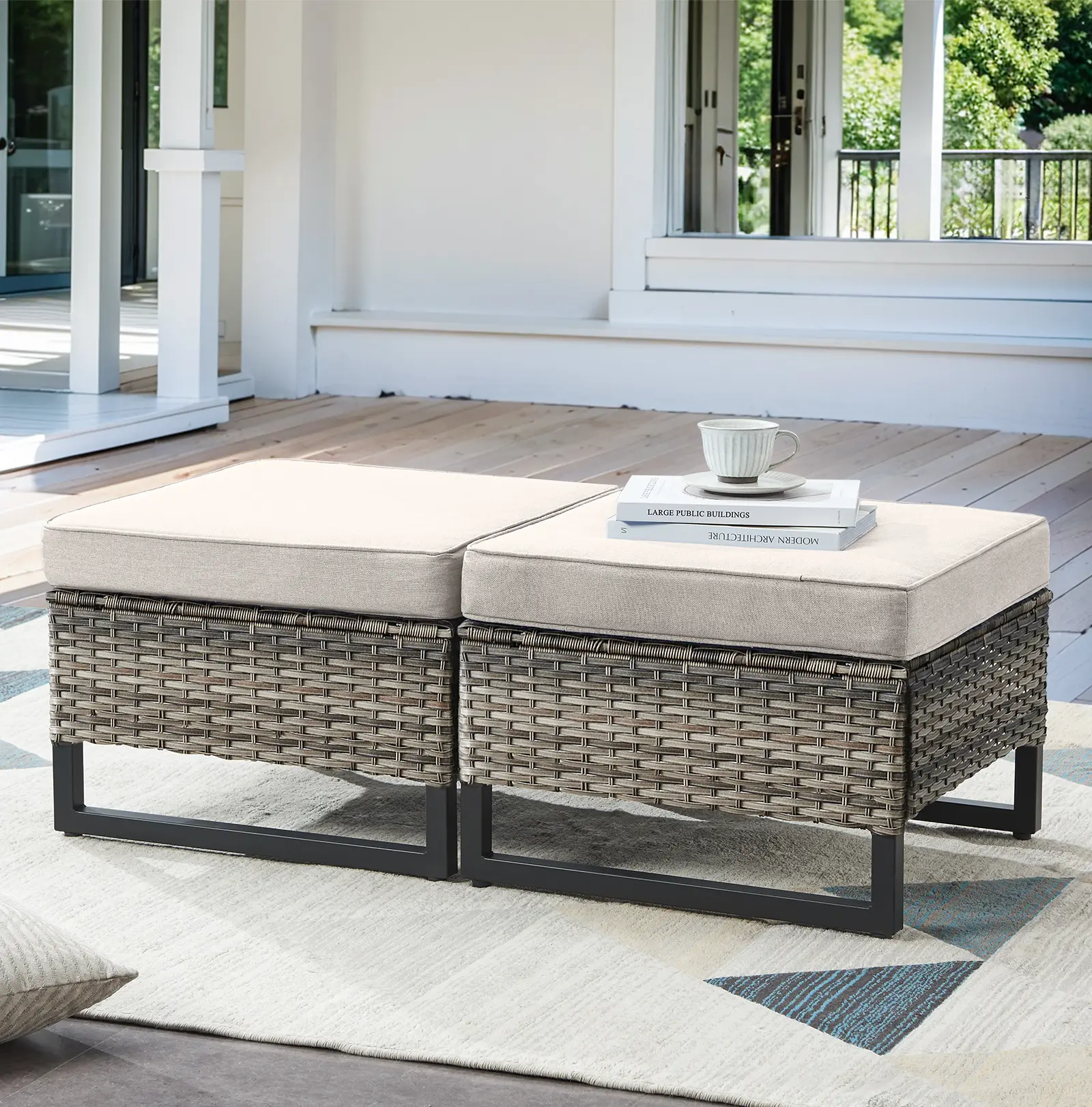 Belord Outdoor Ottomans for Patio Set of 2 PE Wicker Outdoor Footstool with Removable Weather-Resistant Cushions for Patio, Backyard, GRS Series