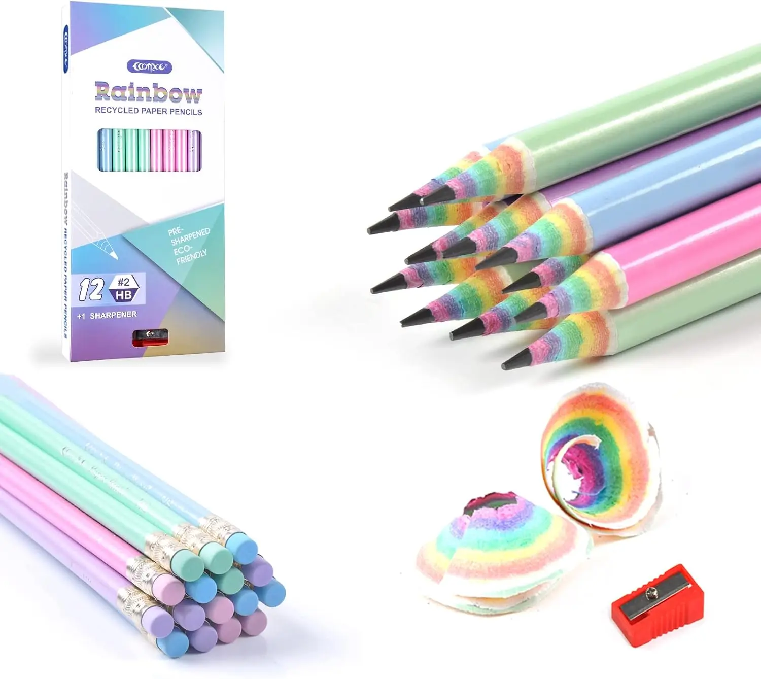 ECOTREE Pre-Sharpened Rainbow Pencils #2, Back to School Supplies, 12 Count | Cute Number 2 Pencils for Kids Students, Latex-Free Eraser, Eco Recycled Paper, Smooth Writing, Drawing, Fun Classroom Gifts