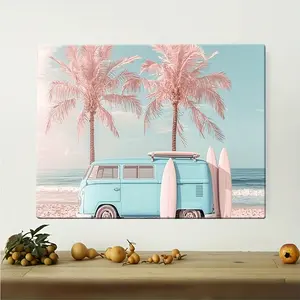 Light Blue Retro Van with Surfboards & Palm Trees Beach Art Print -   Canvas Wall Decor, Vibrant Coastal Wall Art for Living Room, Bedroom, Hallway - Beachy Room Decor,  Artwork