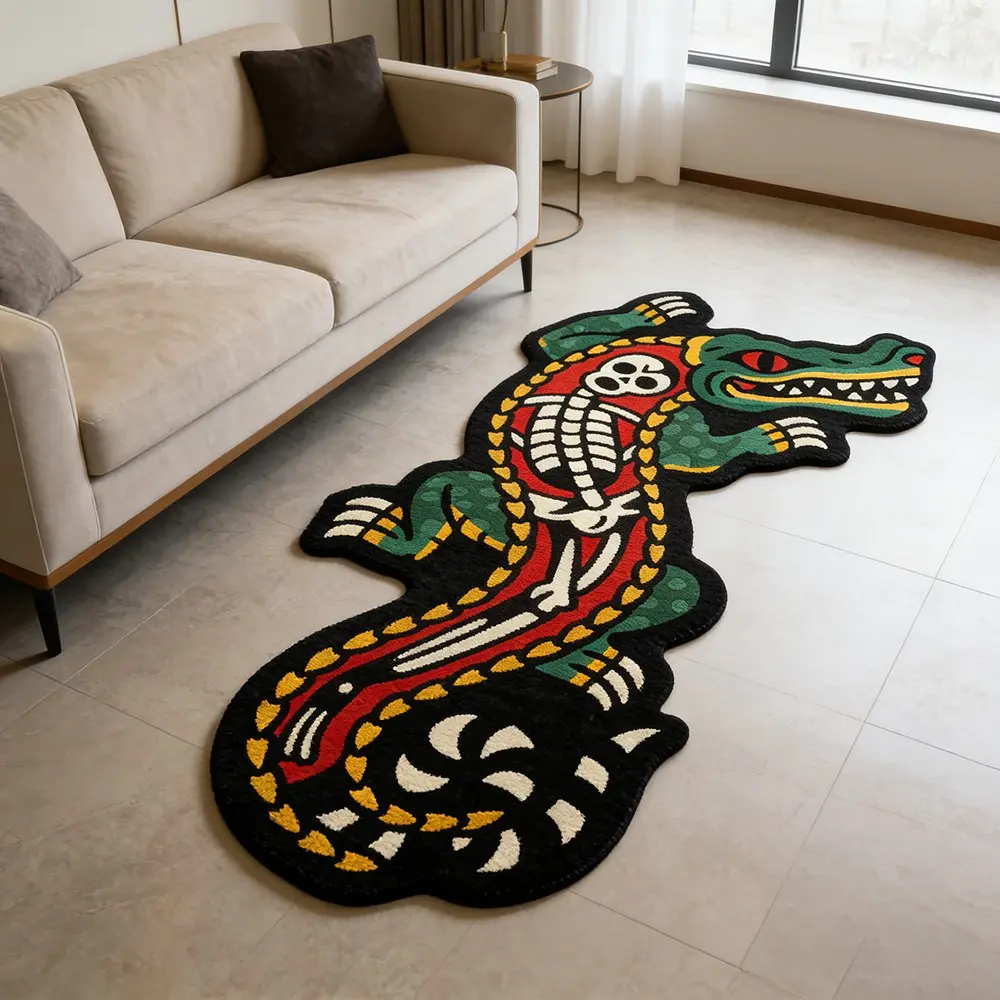 American Vintage Crocodile Skull Rug, Creative Irregular Living Room Bedroom Carpet, Soft Comfortable Washable Decorative Indoor Rug Mat for Bedside Sofa Corridor Entrance Balcony Laundry Room, Machine Washable Rugs, Home Decor Rug