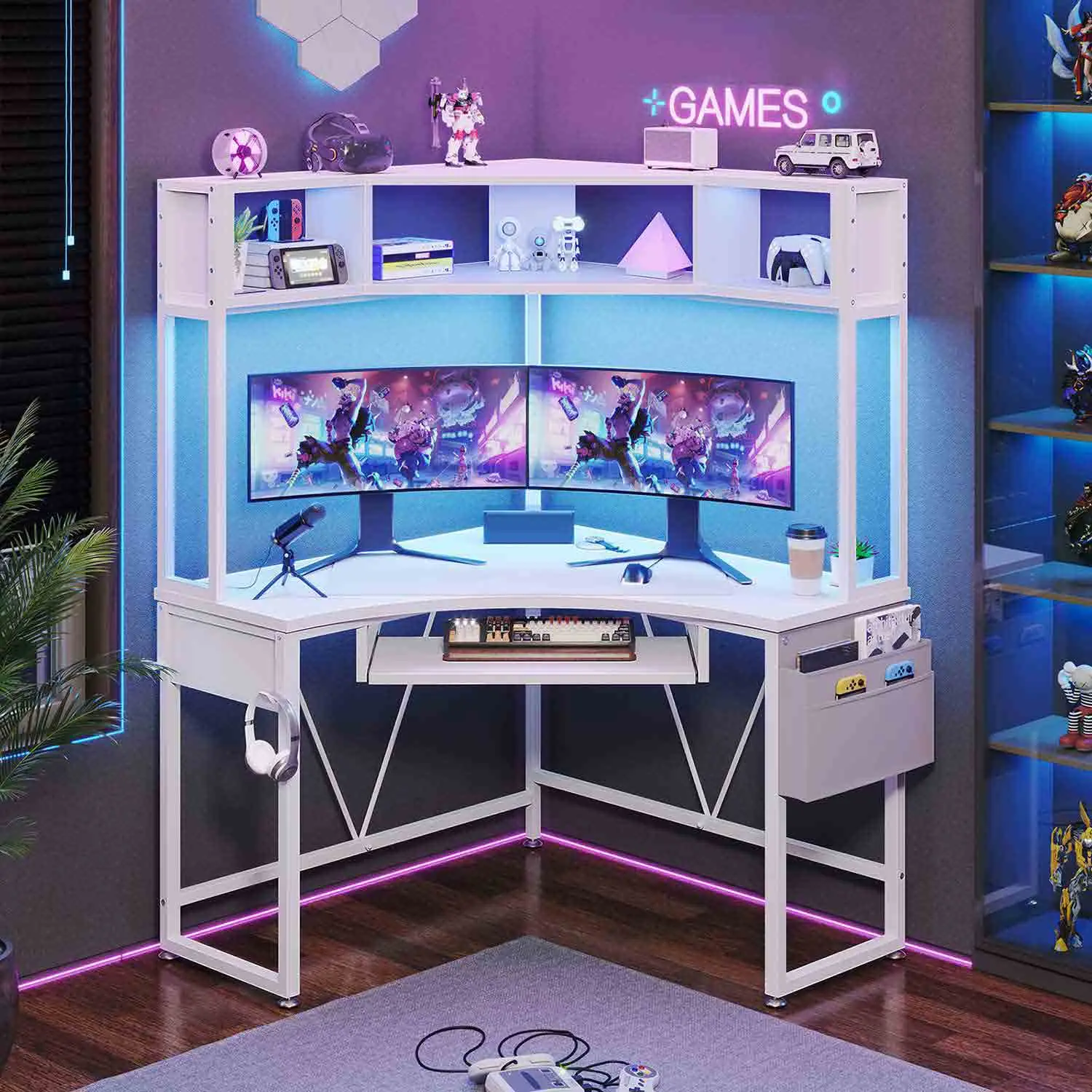 Sedeta Modern Wood-Metal L-Shape Gaming Desk - Small L-Shape Desks for Gaming with Tray, LED Lights, Drawers, Commercial Office Furniture Workstation