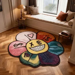 Colorful Irregular Cartoon Smiley Floral Print Decorative Vibrant Rug, Large Living Room Bedroom Carpet Mat, Modern Creative Washable Plush Rug