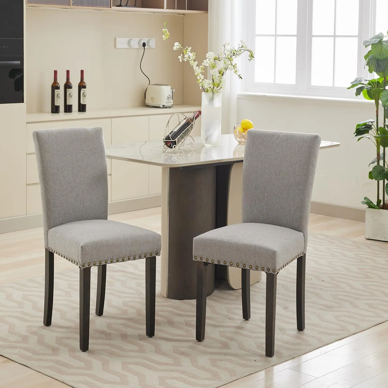 Garvee Upholstered Parsons Dining Chairs Set of 2 with Nailhead Trim, Sturdy Wood Legs, Padded Cushions - Modern Fabric Kitchen and Living Room Accent Chairs
