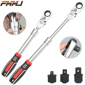 PMMJ 4pcs Professional Extendable Ratcheting Wrench Set, 1pc 12.7in-17.9in Long Socket Wrench, Metric 19mm,with 3pcs 1/4"&3/8"&1/2" Socket Drive Adapat, 180° Flex Head, Cr-V Steel, No-Slip Soft Grip Handle, with Storage Tray, 1 Set for All Use, Men's Gift