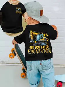 Boys' Summer Fashion Cool Digger Print Short Sleeve T-Shirt, Casual Fitted Top for Kids, Moderate Fabric, Perfect for Outdoor Sports, Funny Graphic Tees