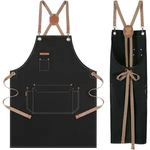 Chef Apron for Men Women Cross Back Apron with Pockets for Kitchen Cooking Baking Artist Painting, Cotton Canvas Work Aprons for Shop, Garden, Restaurant, Cafe (Black) Adjustable Hand Unisex Thanksgiving Valentine's Day gift Set Stock Up