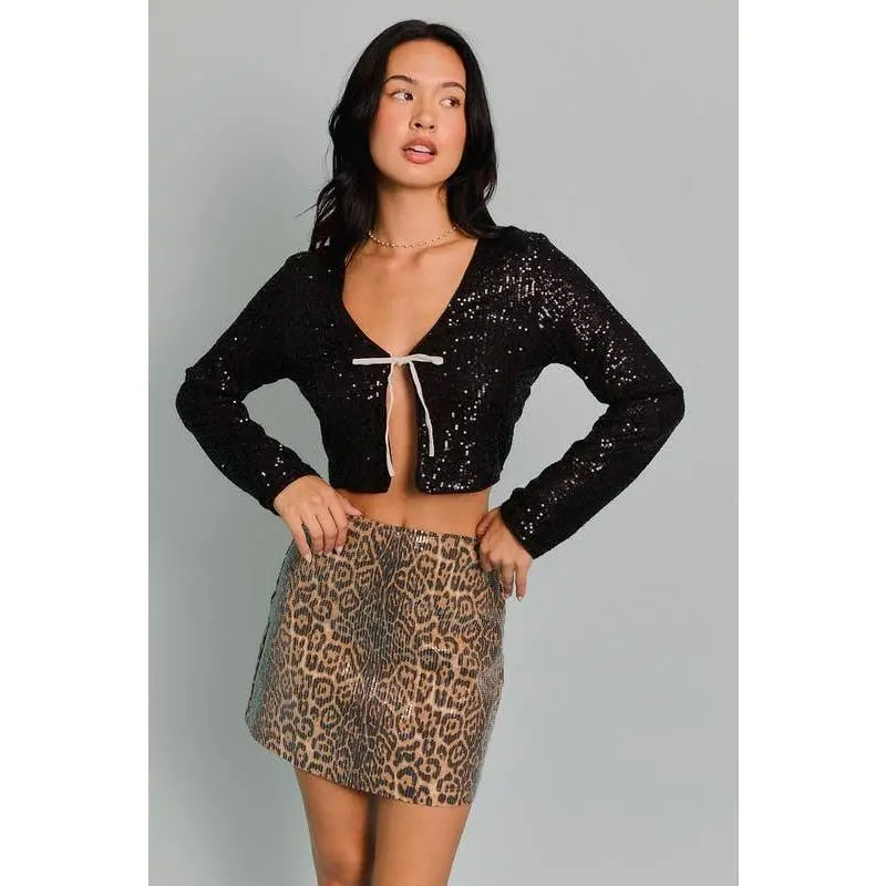 Long Sleeve V-neck Bow Detail Sequin Open Top