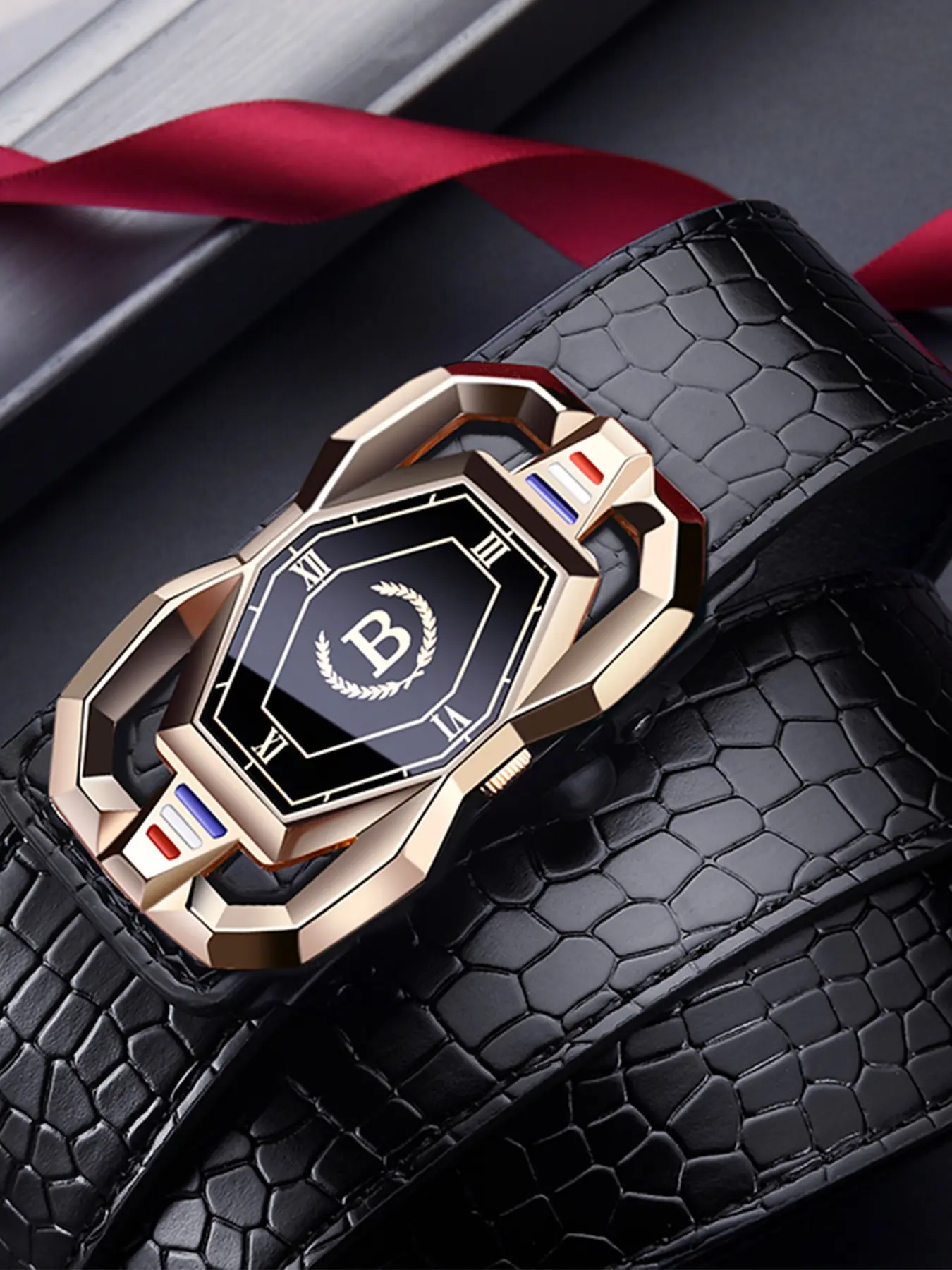 Men's Luxury Belt with Auto Buckle, Automatic Buckle Belt, Luxe Buckle, Alligator Pattern Genuine Leather, Durable Anti-Scratch Business Casual Belt, Fashion Accessory, Belts Men