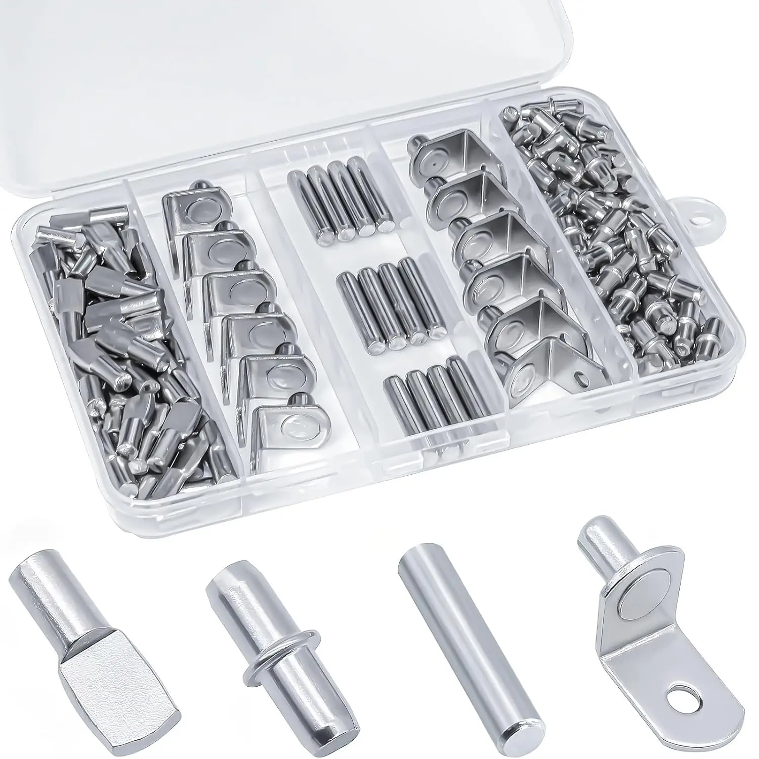 GJANSH 120Pcs Shelf Pins Kit,4 Styles Nickel Plated Shelf Support Pegs,Plated Shelf Pins Holders for Bookcase Kitchen Closet Shelf Shelves Furniture Cabinet，5mm (1/4 inch) cabinet shelf pegs