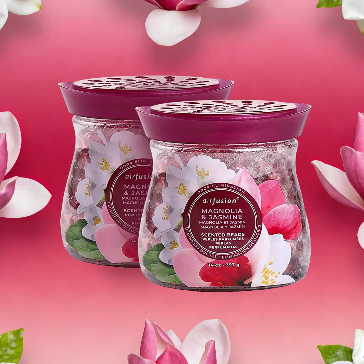 AIR FUSION Bathroom Odor Eliminator Crystal Beads Air Freshener - 14 Oz, Long-Lasting Scented Floral (Magnolia & Jasmine), Fresh for Hours, 2 Packs, Unisex Home Fragrance Supply