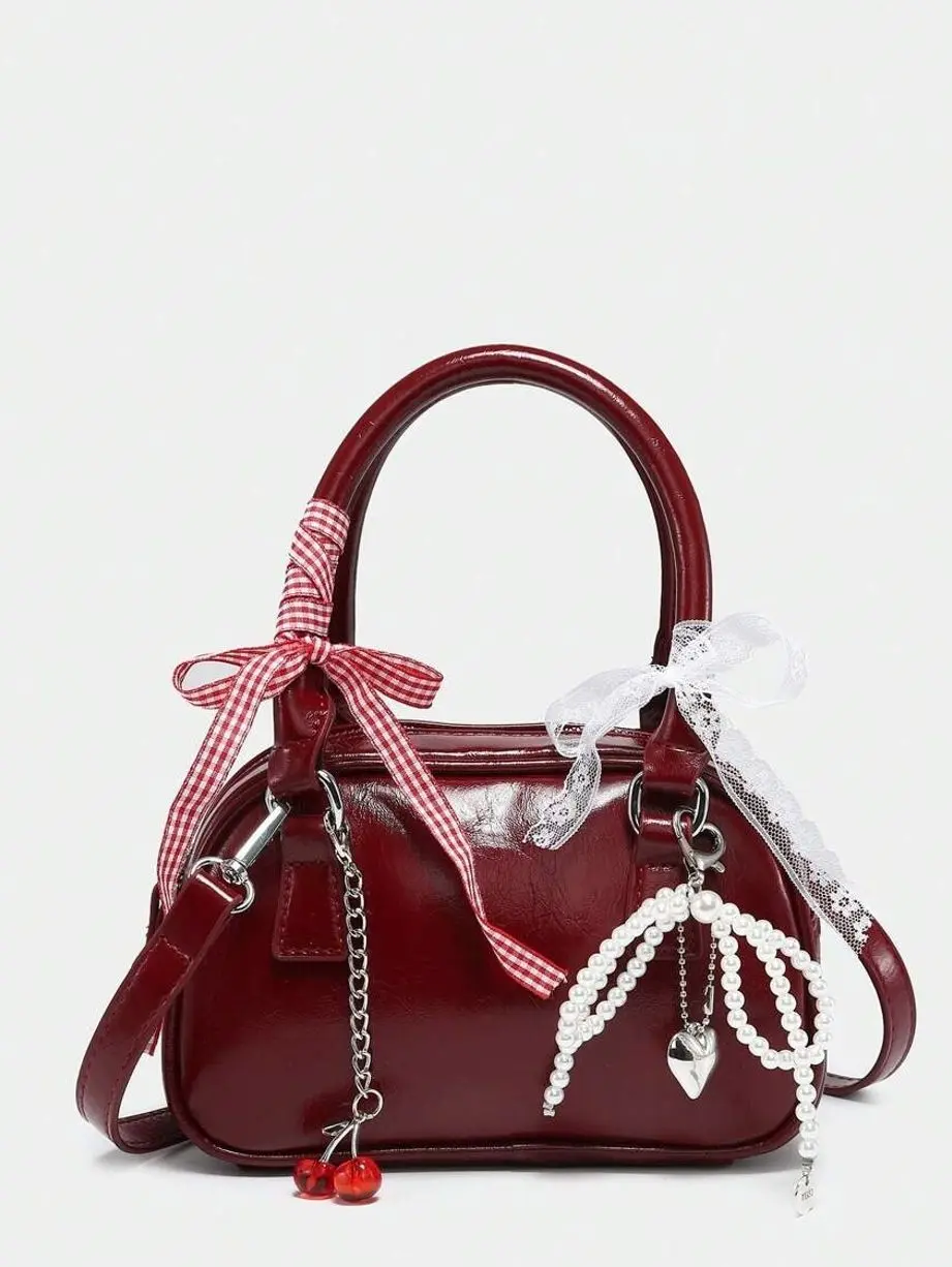 Women's Black Y2K Mini Bowler Bag - Gothic Coquette Top Handle Purse with Ribbon Bows, Lace, Chain, Cross Charm