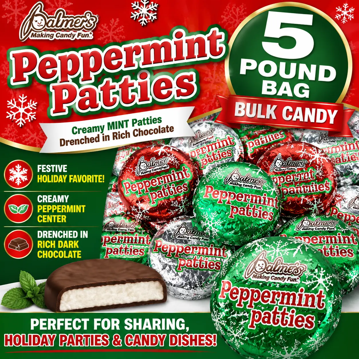Palmer's Christmas Peppermint Patties 5 lb Bulk Bag  Peppermint Filled Chocolate Candy | Individually Wrapped Holiday Treats
