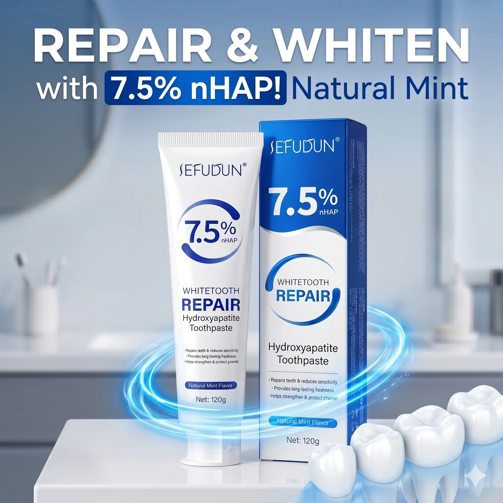 7.5% Nano Hydroxyapatite (nHAP) Toothpaste, Fluoride-Free Toothpaste for Dental Enamel Care, Sensitive Teeth, Breath Care & Daily Oral Cleaning, Cool Mint Flavor, 120g, Toothpaste Without Fluoride, Breath Care Toothpastes