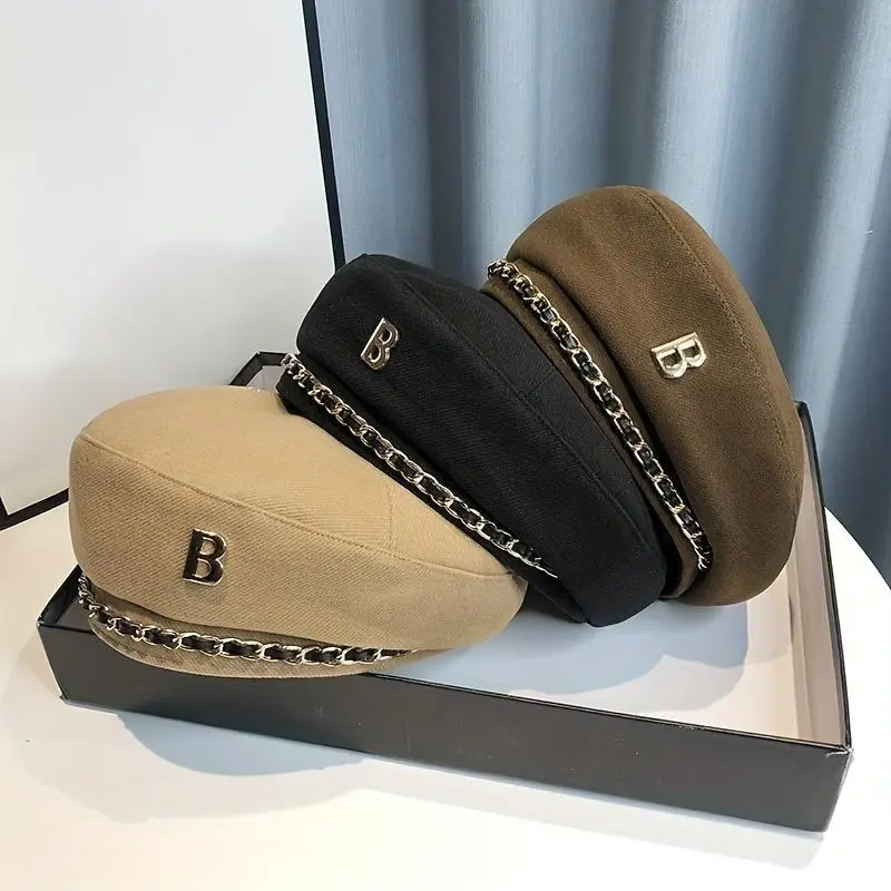 Unisex Retro British-Style Newsboy Beret Hat - Lightweight Basic Design with Chain Accent, Unisex Style Fit, Comfortable Fit, Light Allday Wear, Clothes Accessory for 2 Occasions (Casual/Formal), All-Season Fashion Item