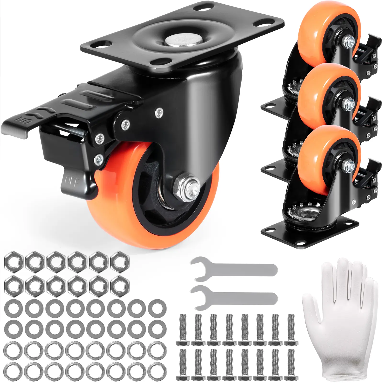 【Summerfinds】VEVOR Caster Wheels 3-inch Swivel Plate CastersSet of 4with Security A/B Locking No Noise PVC WheelsHeavy Duty 250 lbs Load Capacity Per CasterNon-Marking Wheels for Cart Furniture Workbench, Furniture Moving Wheel, Lockable Wheels