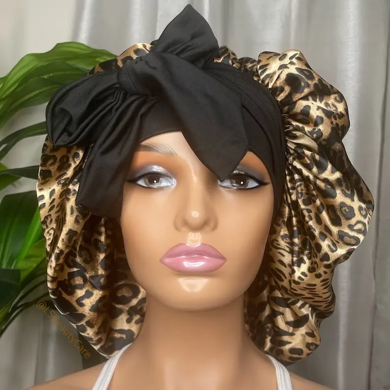 Leopard Print Satin Bonnet with Long Stretch Ties