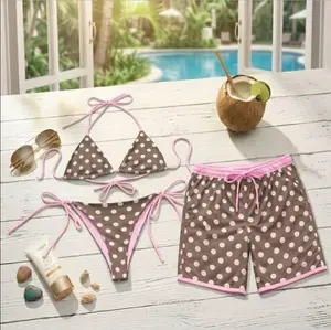 Summer 2026 Couple Beach Set, Brown Polka Dot Bikini and Matching Hawaiian Shorts
