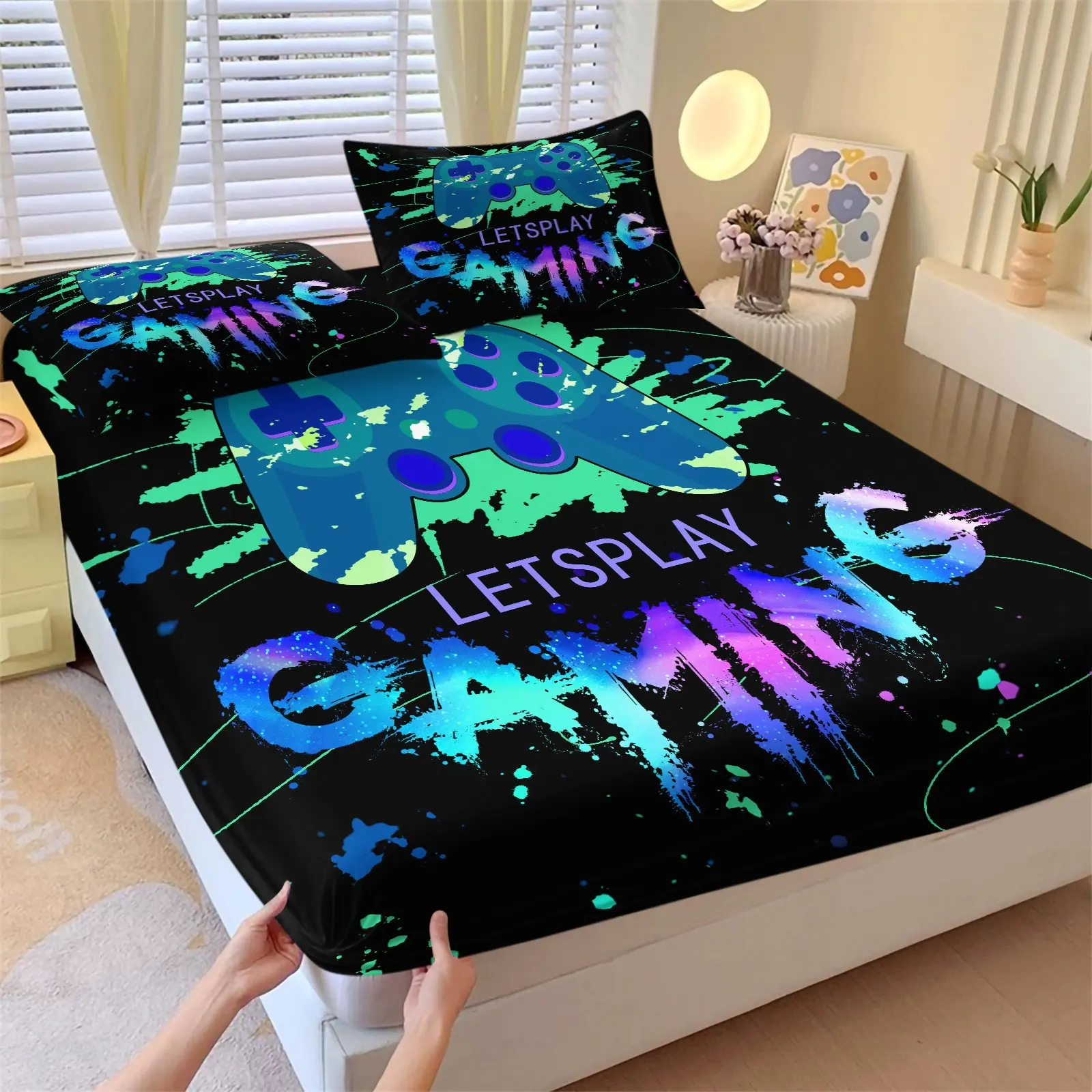 Let's Play Gaming Fitted Sheet Set with 2 Pillowcases - 3 Piece Bedsheet Sets Soft Breathable Deep Pocket Gaming Bedding, Video Game Controller Pattern Bed Sheets for Kids Teens Bedroom, All Season Use, Twin Size