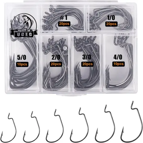 UCEC EWG Offset Worm Hooks - 2X-Strong High-Carbon Steel Wide Gap Bass Fishing Equipment, Forged Shank Rigidity, Black Chrome Finish, Deep Penetration, Durability for Senko Bait Texas Rig (Sizes: #4,#2,#1,1/0,2/0,3/0,4/0,5/0)
